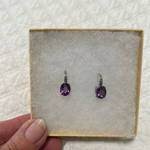 Amethyst, Diamond and Silver Dangle Earrings - Picture 1 of 2